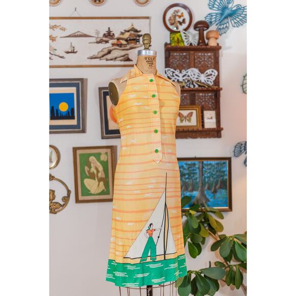 Vintage 60s Sailor Novelty Dress, Yellow Striped Sundress Sailboat Seagulls XS - Picture 2 of 15